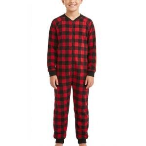 Macy's Family PJs Kids M 8 Red Black Buffalo Plaid Flannel One-Piece Pajamas Zip